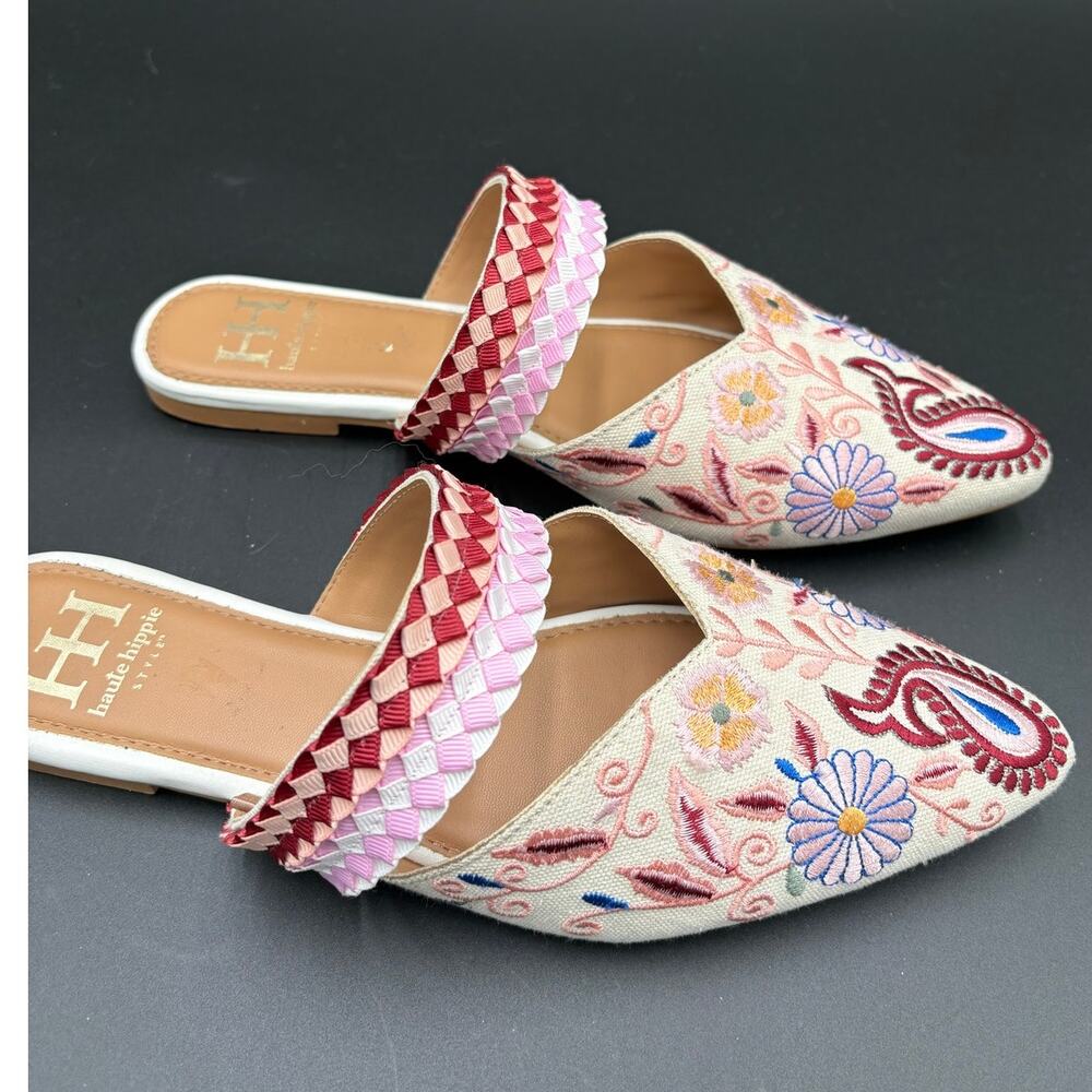 Haute Hippie Embroidered Floral & Paisley Mule Slides Woven Strap Size 8.5 Boho - Picture 6 of 11